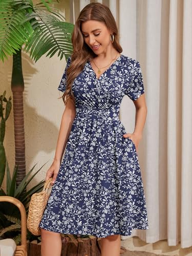 Image of Heymoments Womens Summer Short Sleeve Casual Dresses V-Neck Beach Dress with Pockets S-2XL