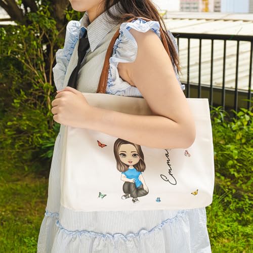 Bolso tote de lona personalizado para mujer con personaje de dibujos animados y flor de nacimiento, nombre y personaje personalizados, blanco, mediano, cierre con cremallera, para compras y viajes miniatura 3