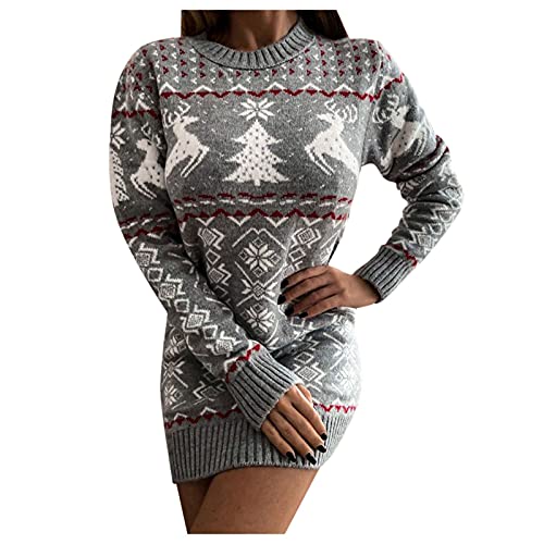 Strickkleid Damen Weihnachtspullover Kleid Sexy Rundhals Minikleid Winter Warm Weihnachtspulli Norweger-Muster Frauen Grobstrick Pulloverkleid Slim...