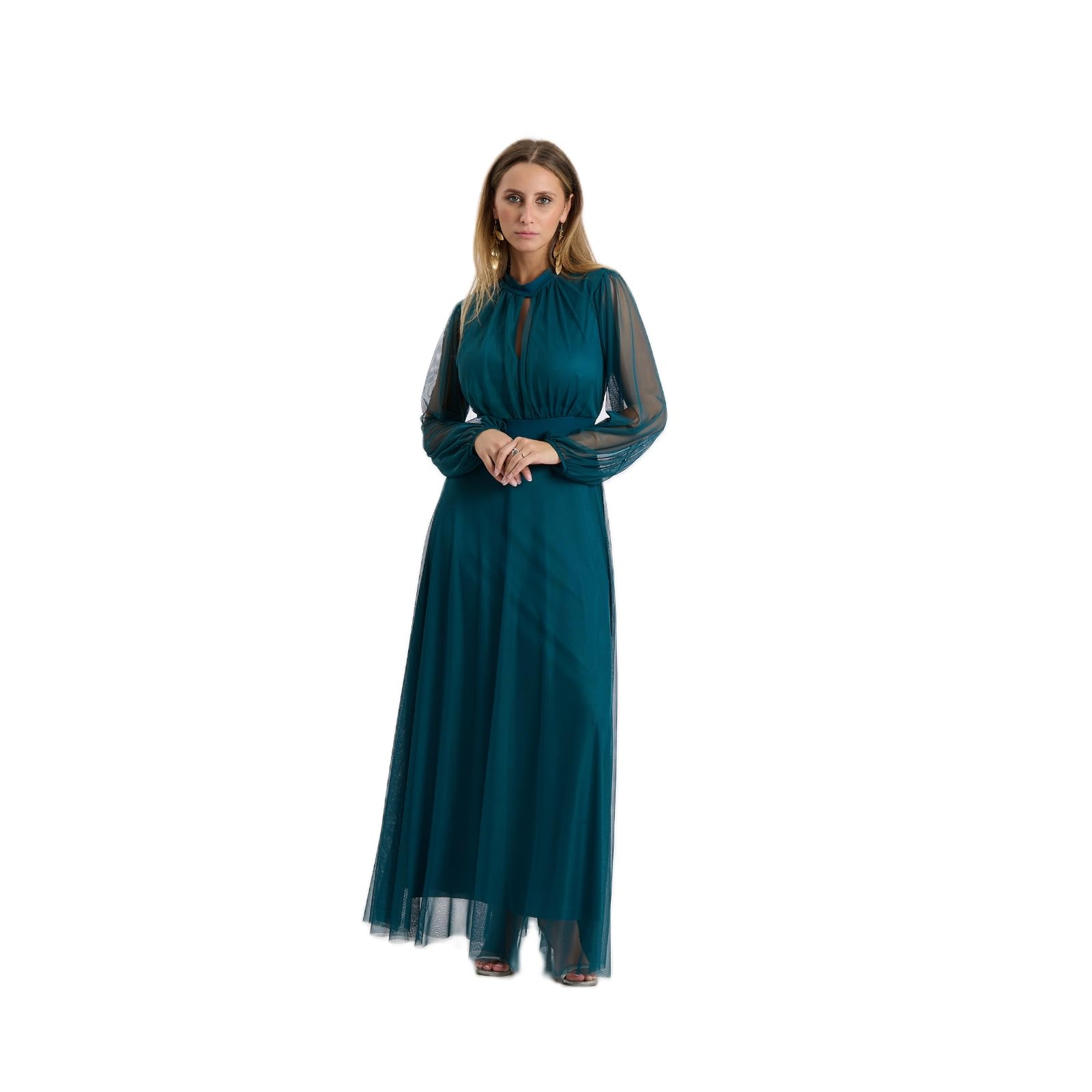 Abito Lungo Elegante Donna in Tulle – Collo Alto con Scollo a Goccia, Maniche Trasparenti, Vita Segnata – Vestito da Cerimonia, Festa ed Eventi
