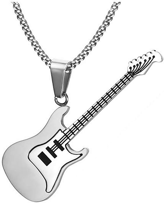 Dtja Punk Guitar Pendant Stainless Steel Necklace for Men Women Personalized R&B Rock Electronic Musical Charm Chain 24 inches Fashion Vintage Jewelry Gift for Musician Lover