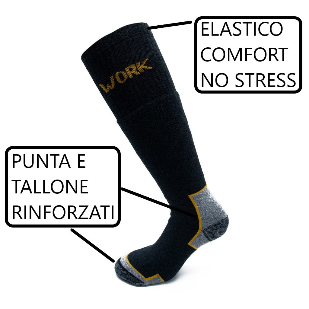 Calze lunghe da lavoro per scarpe antinfortunistiche, RINFORZATE SU PUNTA E TALLONE, in spugna di cotone, 100% MADE IN ITALY