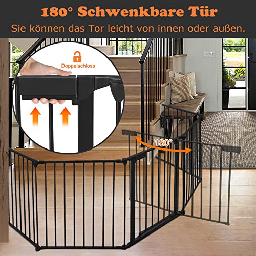 LZQ Kaminschutzgitter mit Sicherheitstür Metall Ofenschutzgitter Gesamtlänge 300 cm, Kamingitter Kinderschutz Faltbar, Treppenschutzgitter Konfigurationsgitter inkl. 5 Elemente