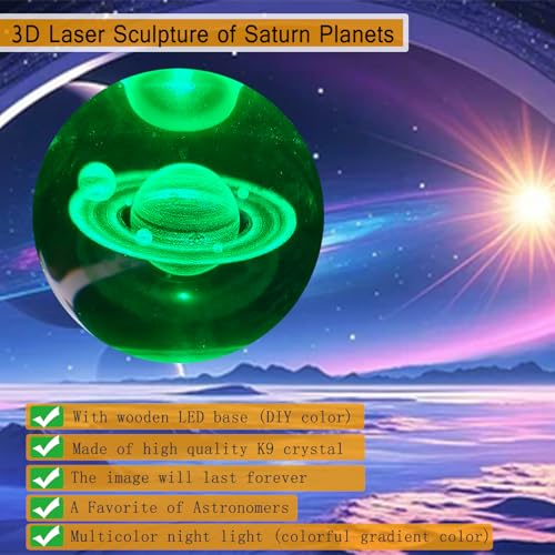 Image of 3D Saturn Crystal Ball 3.15 inch / Wooden USB Switch Base with LED Gradient Lighting /Saturn Ring Model Decor /Birthday, Christmas, Valentine's Day, Christmas Gifts