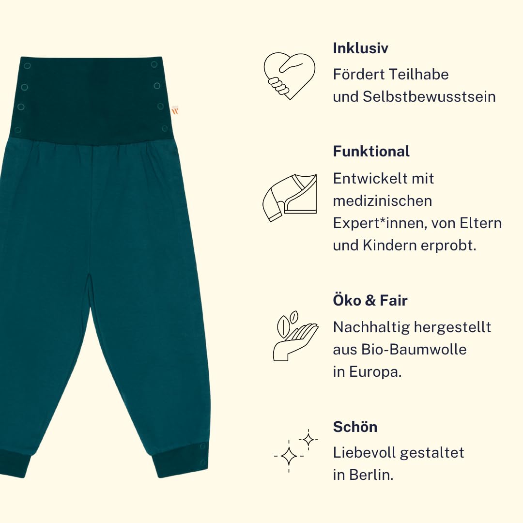 Jerseyhose für Kinder – für Prothese, Orthese, Rollstuhl, Stoma – weicher Bio-Jersey mit Druckknopfband – Orthesenhose bis Gr. 140 – Dunkelgrün