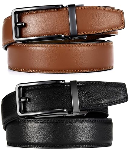 Image of CHAOREN Click Belts for Men 2 Pack - 1 3 /8 inch Leather Ratchet Belt | Trim to Fit, Gift Box, Micro-adjustable, Scratch Resistant Buckle, Formal Suits, Dress Pants, Casual Jeans, Golf