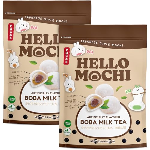 Pocas Hello Mochi, Boba Milk Tea 2-Pack – Soft and Chewy Japanese Snacks, Sweet Rice Cake Dessert, Gluten-Free, 8.4 Oz Ea