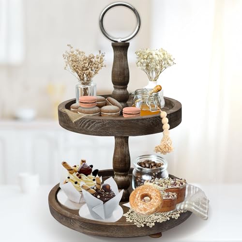 Premium Rustic Round 2 Tier Tray Stand - Farmhouse Wooden Tiered Tray Stand - Two Tiered Decorative Tray Centerpiece for Home Decor - Elegant Dessert Stand, Cupcake Stand, Coffee Bar Organizer