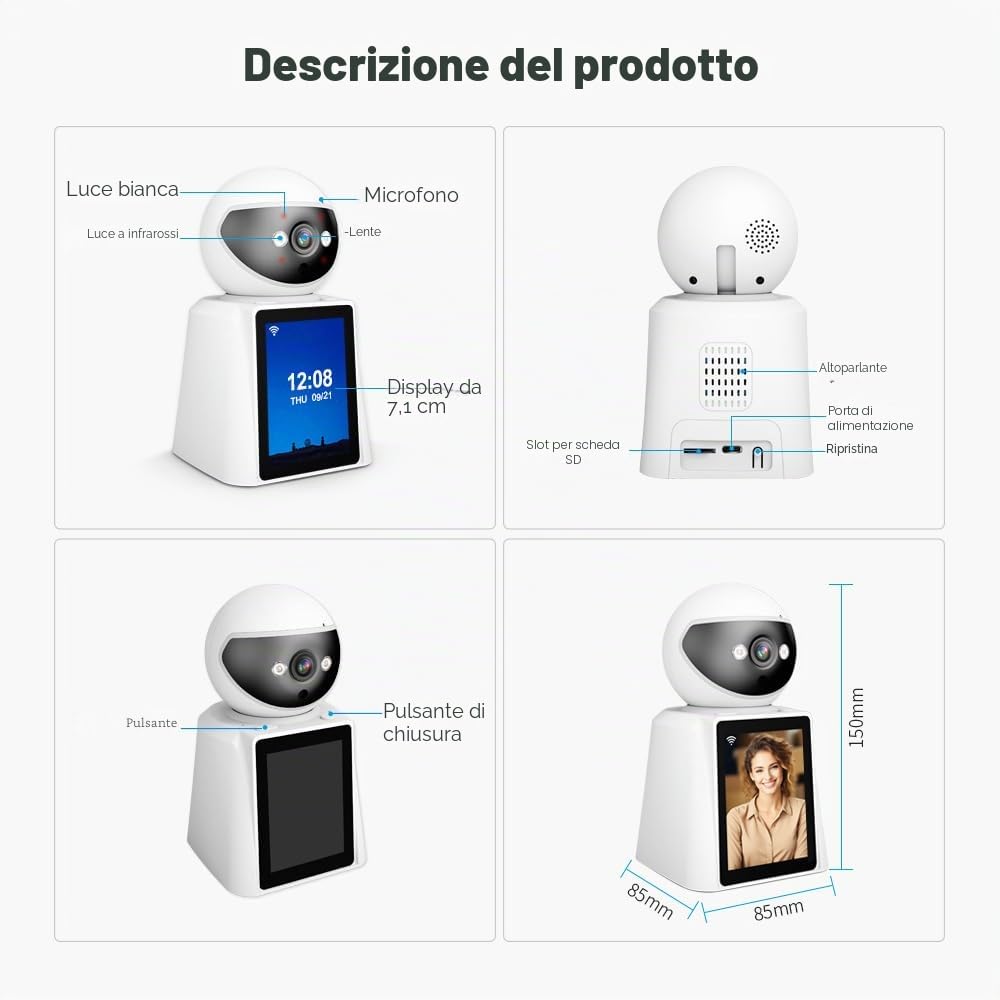 SRIHOME PTZ Surveillance Camera, 1080P FHD, con schermo da 2,8 pollici, videochiamate bidirezionali e chiamate vocaliRilevamento umanoide, Night Vision, monitoraggio remoto, uso interno