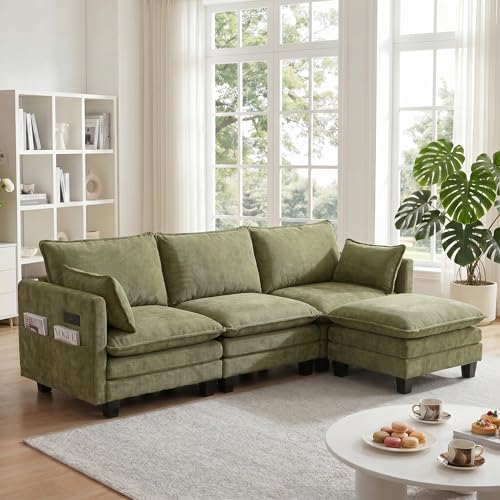 Image of 110.4 inch L Shaped Modular Sectional Sofa, Comfy Upholstery Chenille Cloud Couch with USB, Modern 4-Seat Deep Seat Sofa with Ottoman for Living Room, Apartment, Green