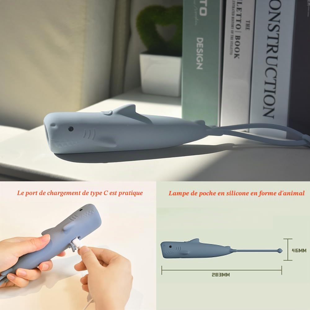 Rechargeable requin LED lampe de poche, mignonne lampe de poche en silicone en forme d'animal, Confortable Touch Long Press pour régler la luminosité éclairage extérieur Lumière créative.