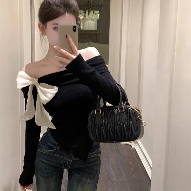 Women's Top Off Shoulder Long Sleeve Shirt Cropped Ribbed Knit Blouse with Bow Tie Stretchy Casual Shirt - Image 3