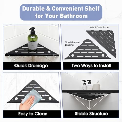 goodleben Corner Shower Shelf, 10'' Shower Corner Shelf with Towel Bar & Hooks, 304 Stainless Steel Recessed Bathroom Shelves, No Drilling for Tiled Wall, 2-Pack (Matte Black) — view 6