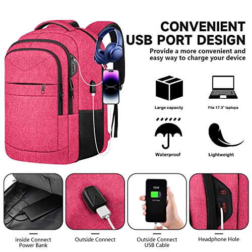 Large Backpack, Carry On Backpack, Lapsouno Tsa Extra Large 17.3 Inch Travel Laptop Backpack, Water Resistant Casual Hiking Travel Daypack, Computer Bag With Usb Port,Business Backpack For Women, Pink #TOP1