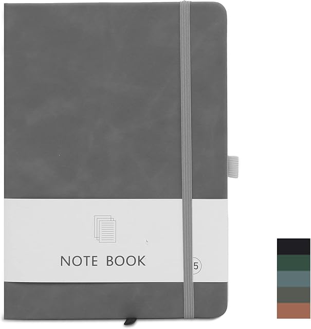 A5 Notebook Lined Paper, Notepad Hardback Journal Note Book with Pen Loop, PU Leather Notebooks New Notes Diary Pad for Office School Business Writing and Note Taking 200 Pages (100 Sheets), Grey