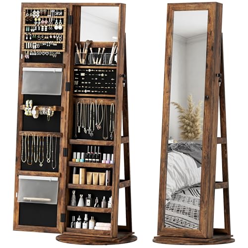 HOMCOM Specchio Portagioie Girevole a 360°, Armadietto Portagioie con Chiusura con Chiave, Specchio a Figura Intera con 3 Ripiani Posteriori per Camera e Soggiorno, 55x55x161 cm, Marrone Rustico
