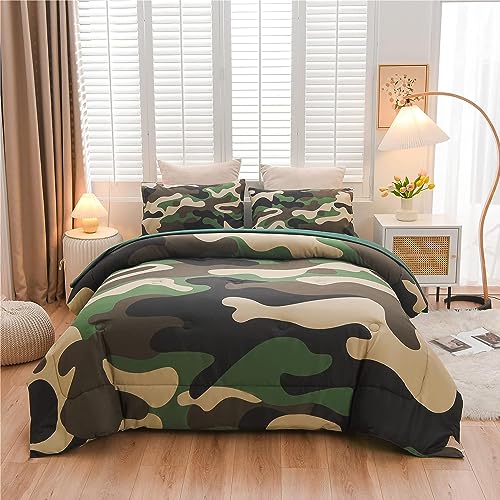 Meeting Story Camouflage Bedding Set, Colorful Pattern Style Comforter Set, 5 PCS One Comforter Two Pillowcases Two Sheets in One Bag, All Season Bedspread for Teens Adults (Green, Queen 5Pcs)