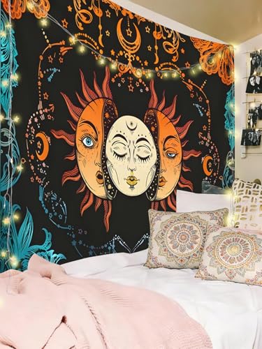 Image of FENDROM Hippe Boho Sun and Moon Tapestry Trippy Celestial Aesthetic Tapestries Mystical Cosmic Burning Sun Wall Hanging Blanket for Bedroom Living room Dorm