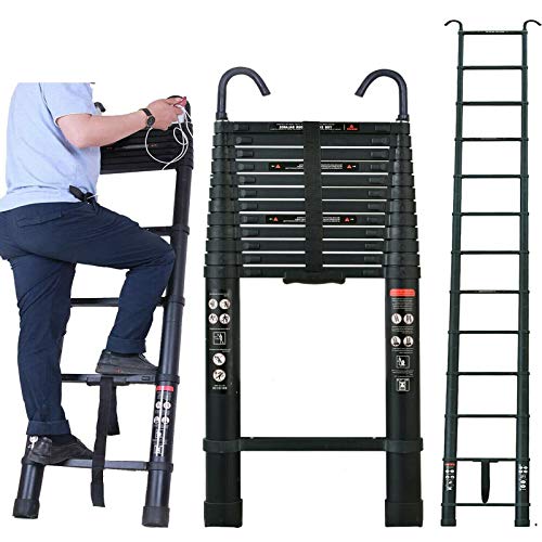 5m Portable Heavy Duty Multi-Purpose Aluminium Telescopic Ladder Extendable, with Detachable Hook, 150 Kg Load Capacity, Black