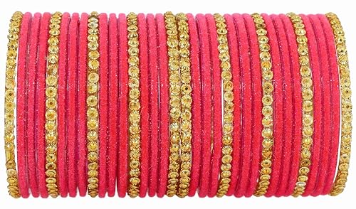 Image of NMII Premium Glass & Golden Beads Velvet Bangle Set For Women and Girls | Velvet Chudi | Traditional Chudi Set | Designer Girl's Bangles Bracelet | Wedding, Party, Festive, Daily- Set of 34