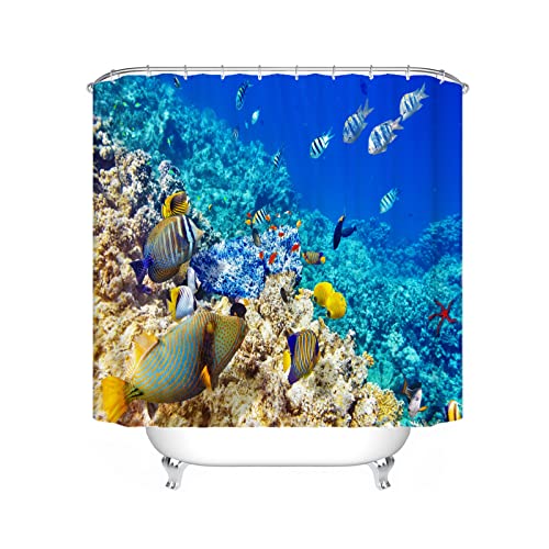 LKFFHAVD Unter Dem Meer Duschvorhang 180x180, Korallenriff Badezimmerteppich 4-teiliges Set, Shower Curtains Wasserdicht Dekorieren Sie Ihr Badezimmer (180 * 200CM,5) – Bild 8