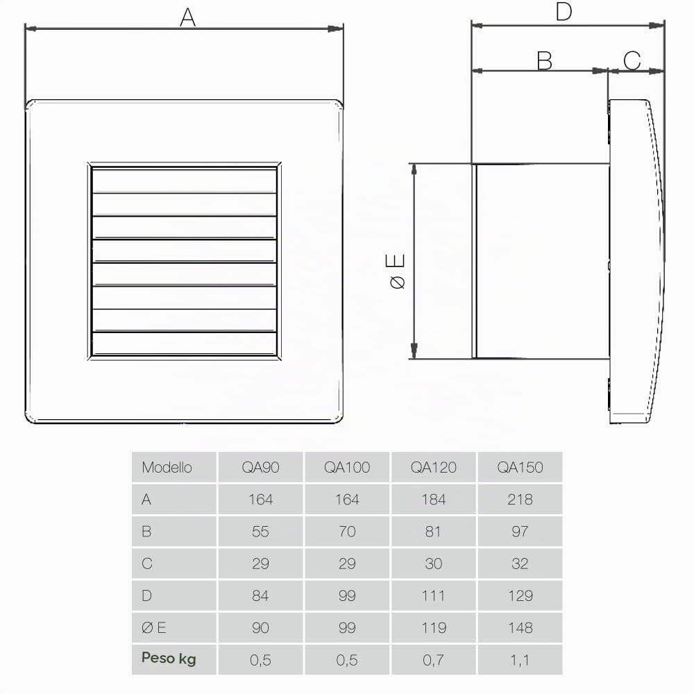 QA100T di Aerauliqa - Aspiratore assiale diam.99mm - 11W - 83m3/h - cod. 001596 - con alette interne automatiche e timer