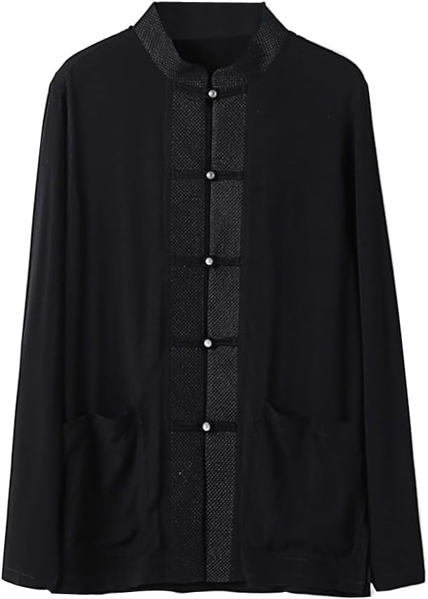 ルーズコットンリネンカンフー格闘技ジャケット長袖-唐スーツ中国伝統服, ブラック, 5X-Large