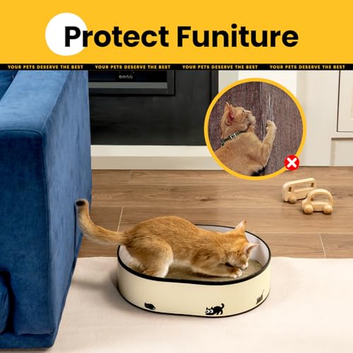 Kratzbrett für Katzen mit Box & 4 ersetzbaren Kratzpappe - Groß Kratzmöbel aus robustester Wellpappe, wendbare Kratzbretter mit DIY Stickern - Katzen Lounge Schlafplatz für Wohnungskatzen, Möbelschutz