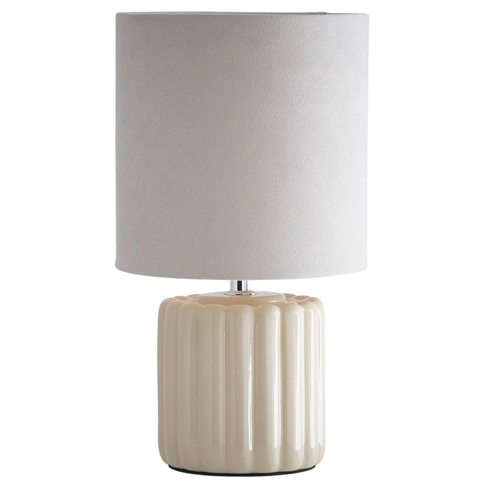 Britalia Cream Ceramic Table Lamp, Ribbed Base With Velvet Drum Shade, 33Cm Height