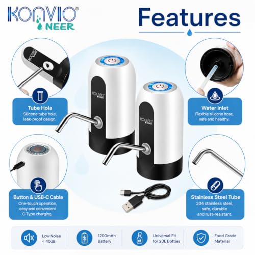 Image of KONVIO NEER Wireless Water Dispenser Pump Set of 2 for 20L Bottles | Rechargeable wireless water dispenser pumps with Type-C charging, food-grade design for easy 20L bottle water dispensing.