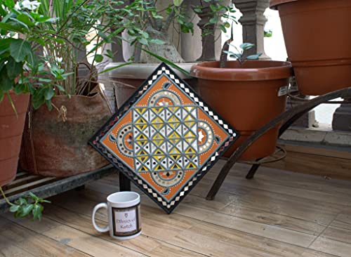Image of Ethnics of Kutch Traditional Kutch Handicraft Mud-Mirrorwork Lippan Kam Wall Art (Water and Break Resistant) - Square (12 inch x 12 inch) - (Black - LKT-0215)