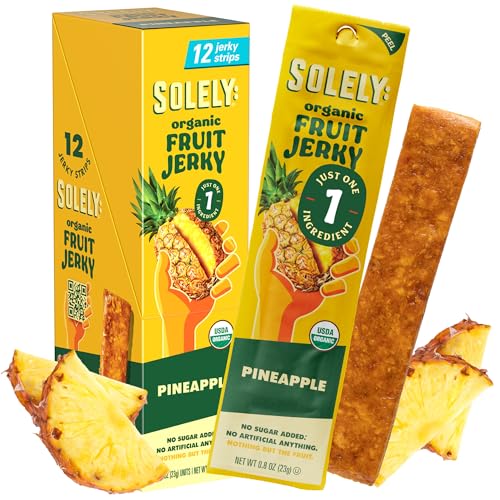 SOLELY - Organic Pineapple Fruit Jerky - 12 Individually Wrapped Strips - Fruit Leather Made from Dried Fruit - Healthy Snacks for Adults & Kids - Non GMO, Vegan Snacks - 0.8oz (23g)