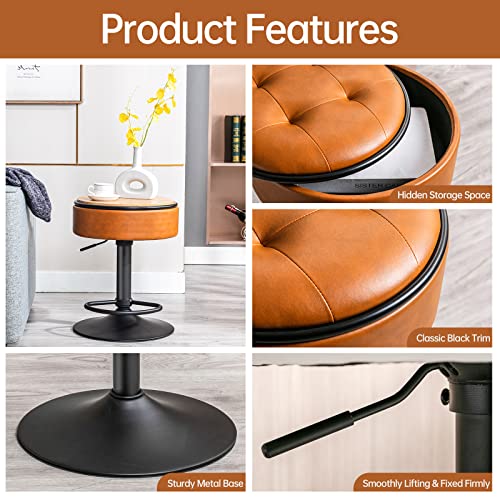 Round Storage Bar Stool, Whiskey Brown Faux Leather Height Adjustable Barstool, 360°Counter Height Swivel Stool, Armless Bar Chair With Metal Frame For Kitchen Counter Dining Living Room #TOP4