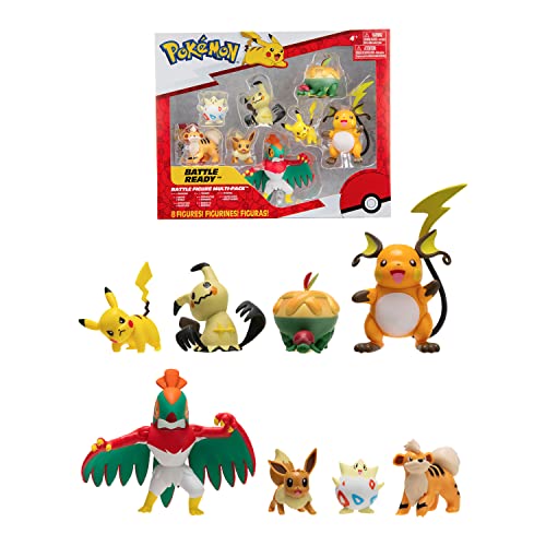 BANDAI Pokémon 8 Figuras Battle – Pikachu, Evoli (Eevee), Dratatin (Appletun), Togepi, Caninos (Growlithe), Mimiqui (Mimikyu), Raichu y Brutalibrado (Hawlucha) – JW2687
