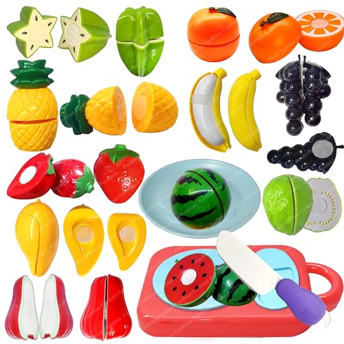 Image of FunBlast Fruits Cutting Play Set Toys for Kids - Realistic Sliceable Cutting Fruits Pretend Play Kitchen Toys for Kids, Play Food Toys, Fruit Toys with Chopping Board & Knife (Multicolor) (13 Pieces)