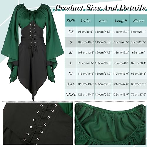 Image of 4 Pcs Women Elf Costume Renaissance Traditional Irish Dress Fairy Costume Elf Ear Cuffs for Women Halloween Cosplay Party