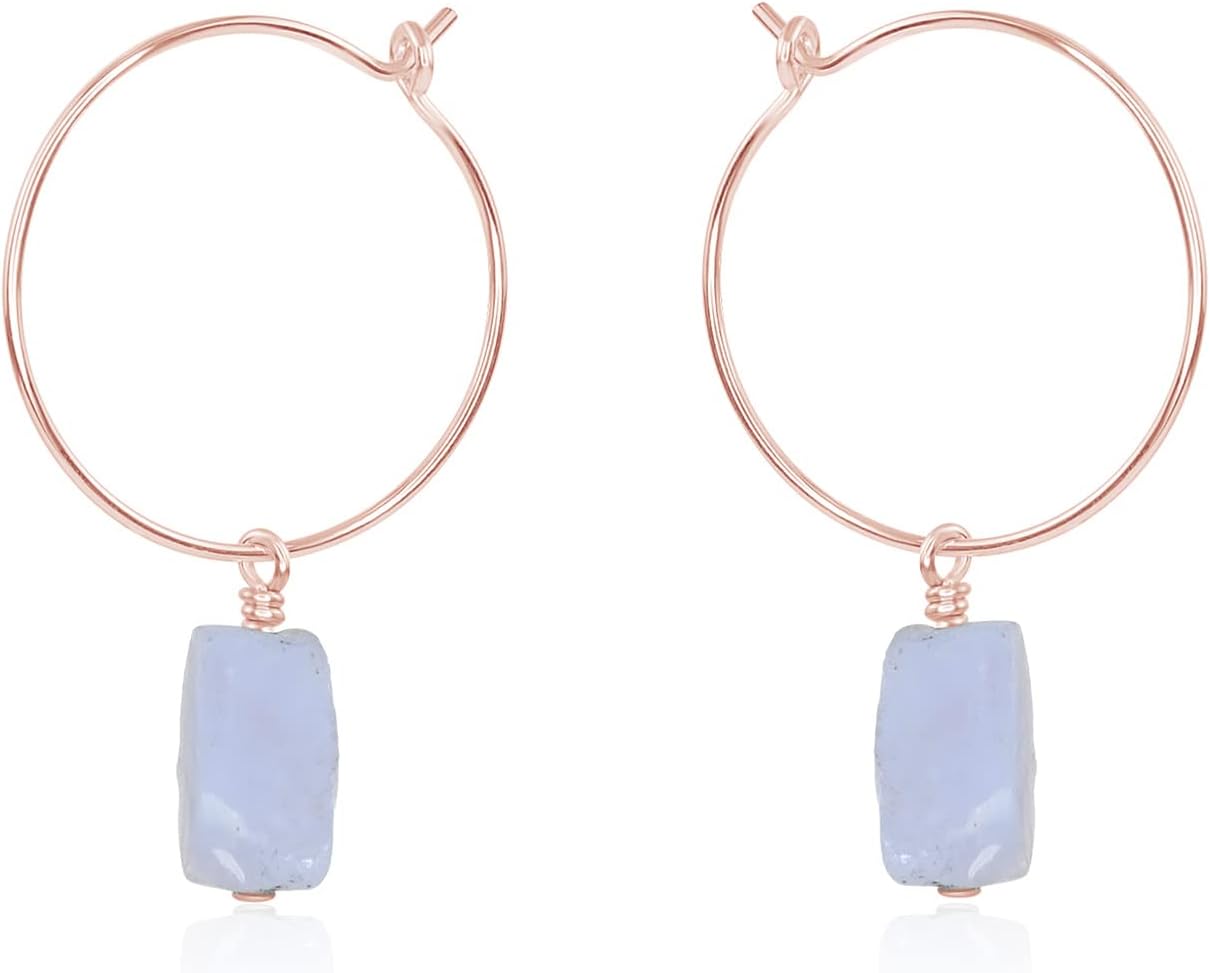 Luna Tide Blue Lace Agate Raw Nugget Hoop Earrings in 14k Rose Gold Fill