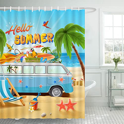 Cyrekud 72" X 72" Summer Beach Shower Curtain Beach Coastal Camping Car Summer Theme Bathroom Set Tropical Palm Trees Beach Home Bath Bathtub Decor Durable Fabric Machine Washable With 12 Hooks #TOP1