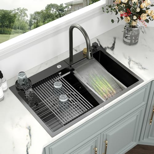 Image of Kichae 33 Black Kitchen Sink Drop In Waterfall Stainless Steel 16 Gauge