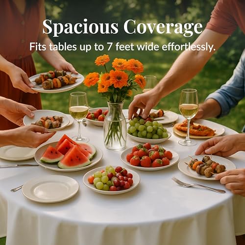 Image of Prestee 4-Pack 84-Inch White Round Plastic Tablecloth Disposable - Durable Waterproof Table Covers for Weddings, BBQ, Parties, Outdoor Events - Elegant White Plastic Tablecloths Round for Any Occasion