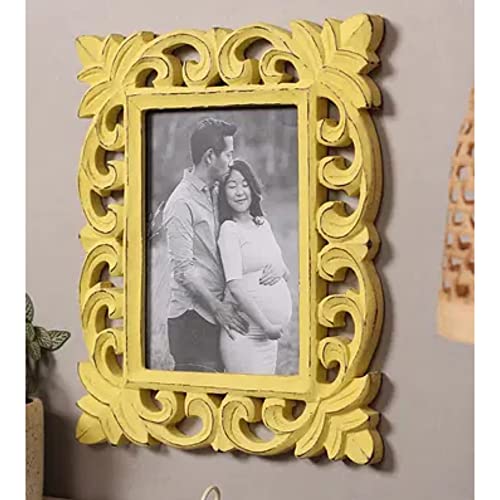Image of Wooden Hand Carved Rectangular Photo Frame for Wall Mounted and Tabletops Display - 5x7 Inches Picture Frame - Wood Carving Decorative Home Decor Accessories Distressed Finish (Yellow)