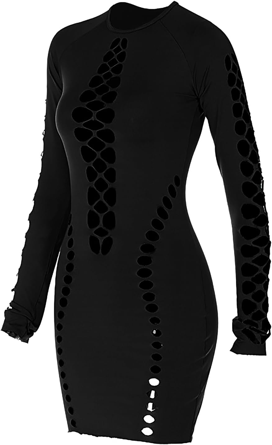 ITODA Women Sexy Hollow Up Nightclub Dress Bodycon Club Mini Dress Long Sleeve Party Clubwear Dress - Image 4