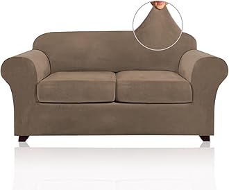 PrinceDeco Velvet Couch Cover Loveseat Covers for 2 Cushion Couch 3 Piece Sofa Covers for Dogs Washable Loveseat Covers Width Up to 72 Inch No Slip Stretch Sofa Slipcover(Medium, Mocha)