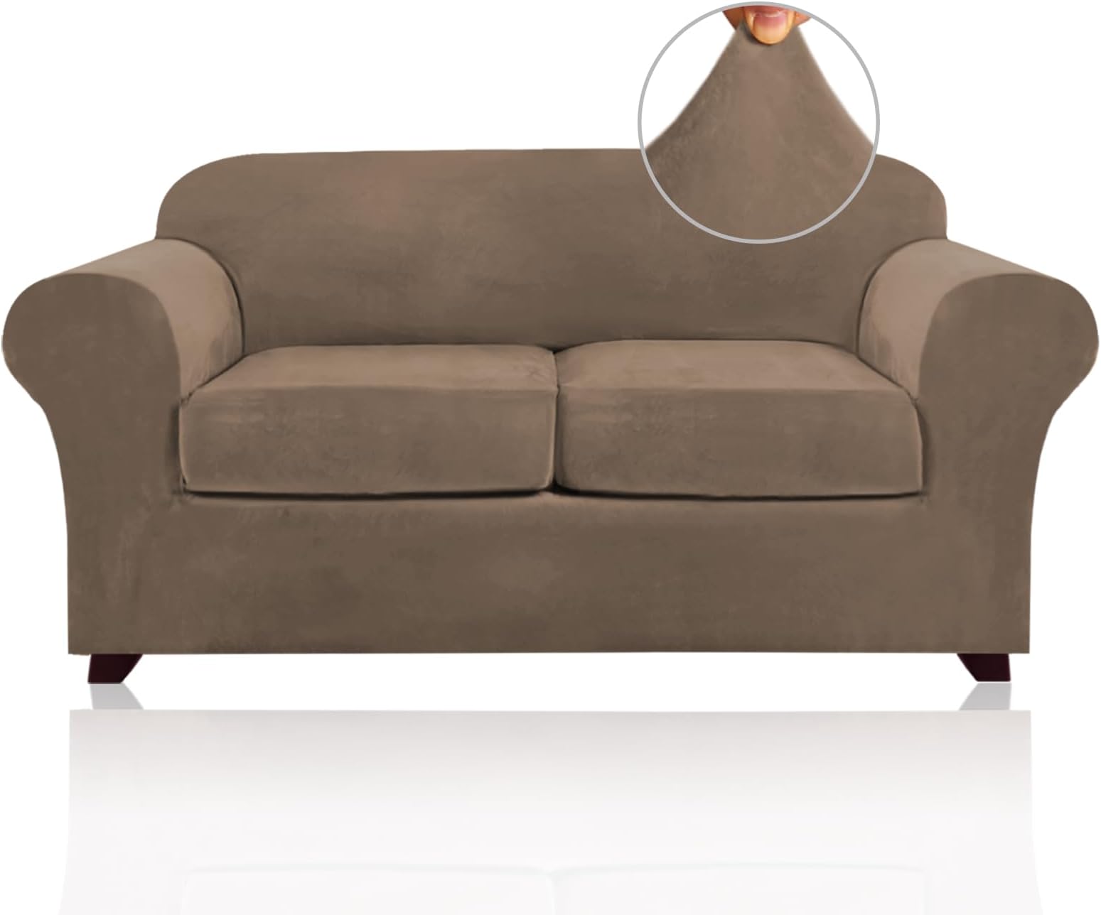 PrinceDeco Velvet Couch Cover Loveseat Covers for 2 Cushion Couch 3 Piece Sofa Covers for Dogs Washable Loveseat Covers Width Up to 72 Inch No Slip Stretch Sofa Slipcover(Medium, Mocha)