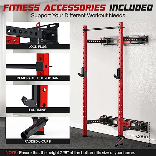 Mappding Folding Squat Rack Wall Mounted, 1100LBS Foldable Squat Power Rack Weight Cage with Pull Up Bar, J-Cups, Landmine and Partable Space Saving Free Standing for Home Gym Garage Workout, Red - Thumbnail 5