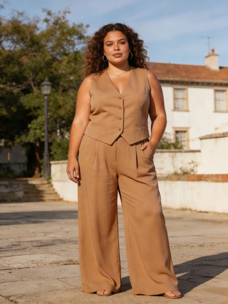 Plus Size 2 Piece Outfits Womens Blazer Vest Wide Leg Pants Set Loose Fit Casual Dressy Suits for Office