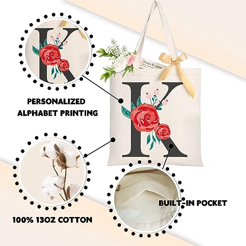 Floral Initial Canvas Tote Bag for Women Bridesmaid Gifts - Personalized Monogrammed Beach Bags for Holiday, Wedding3