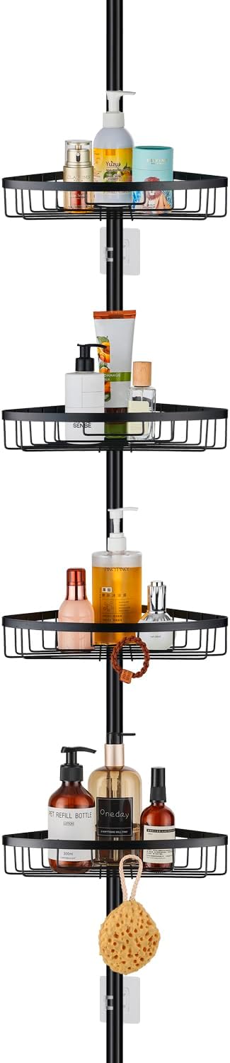 Telescopic Corner Shower Caddy, 4-Tier Adjustable Shower Shelves Rustproof Bathroom Corner Shelf, Shower Caddy No Drilling for Bathroom Accessories Storage, Black- 73-302cm