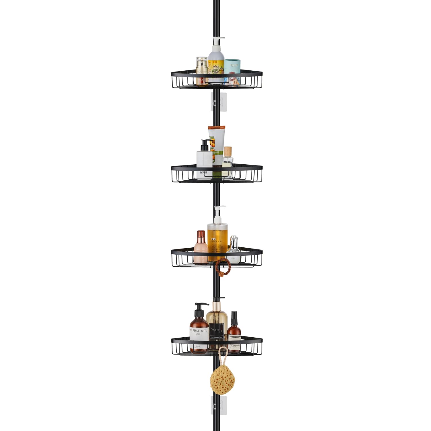 MALIRUE Telescopic Corner Shower Caddy, 4-Tier Adjustable Shower Shelves Rustproof Bathroom Corner Shelf, Shower Caddy No Drilling for Bathroom Accessories Storage, Black- 73-302cm