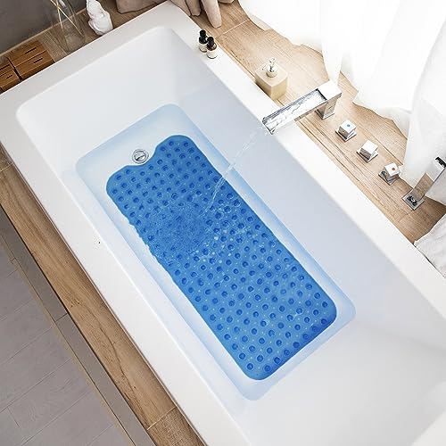 Bathtub Mats for Shower Tub, Extra Long Non-Slip 39 x 16 Inch Bath Mat with Drain Holes and Suction Cups, BathMat for Bathroom with Machine Washable (Clear Blue)